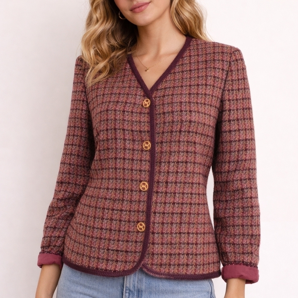 true Vintage KORET Pink Plaid Metallic Tweed Preppy Blazer